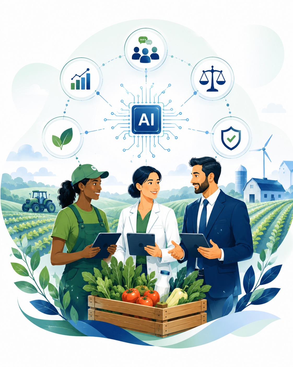 EAGLE project illustration showing ethical artificial intelligence, sustainable agriculture, workers, research and social dialogue
